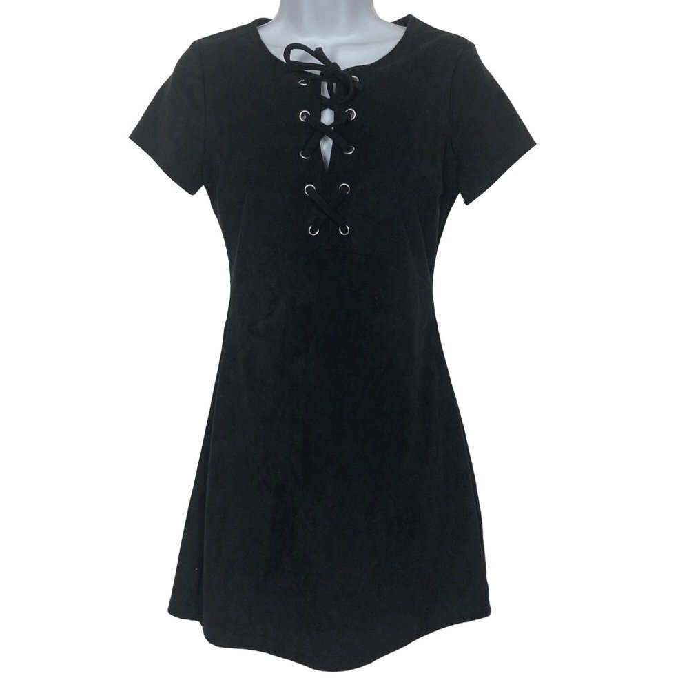 Vintage Express Faux Suede Black Dress Womens 0 Lace Up Front 90s Y2K Goth